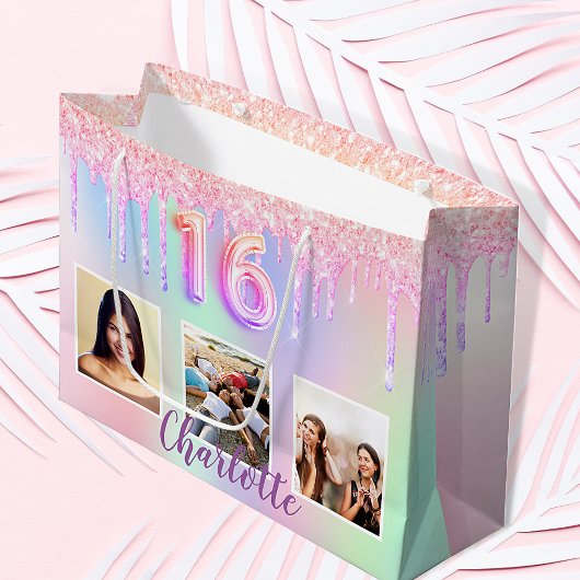 Sweet 16 regenbooglitter druppelt foto-monogram 16 groot cadeauzakje