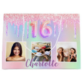 Sweet 16 regenbooglitter druppelt foto-monogram 16 groot cadeauzakje (Voorkant)