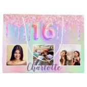 Sweet 16 regenbooglitter druppelt foto-monogram 16 groot cadeauzakje (Achterkant)