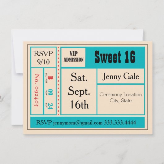 Sweet 16 Retro Concert Ticket Invitation Kaart (Voorkant)