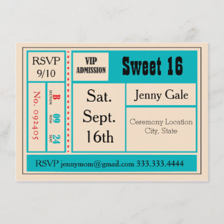 Sweet 16 Retro Concert Ticket Invitation Kaart