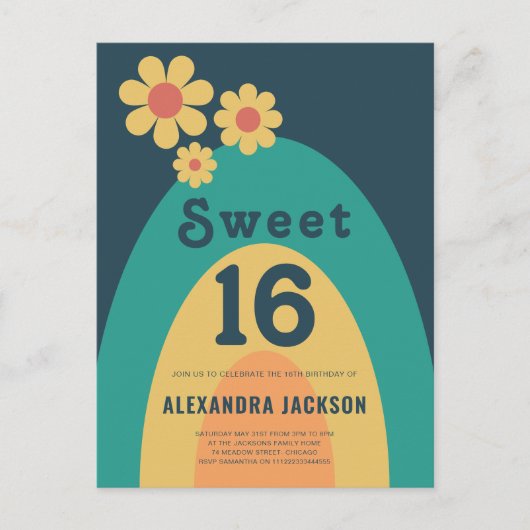 Sweet 16 Retro Daisy Arch Verjaardagsfeest Uitnodiging Briefkaart (Voorkant)