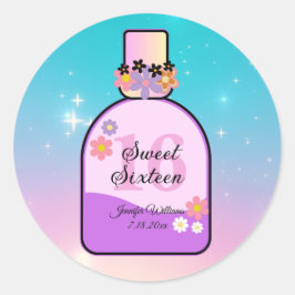 Sweet 16 retro parfumflesje roze paarse girly ronde sticker