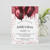 Sweet 16 rode ballonnen witte luxe kaart (Staand voorkant)