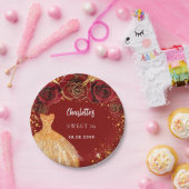 Sweet 16 rode gouden glitterjurk bloemen papieren bordje (Feest)