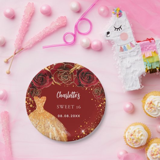 Sweet 16 rode gouden glitterjurk bloemen papieren bordje (Feest)