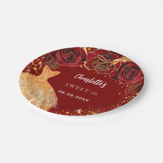 Sweet 16 rode gouden glitterjurk bloemen papieren bordje (Gekanteld)