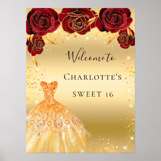 Sweet 16 rode gouden glitterjurk floraal welkom poster (Voorkant)