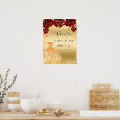 Sweet 16 rode gouden glitterjurk floraal welkom poster (Keuken)