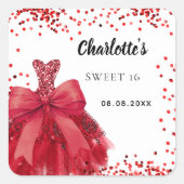Sweet 16 rode jurk strik wit vierkante sticker (Voorkant)