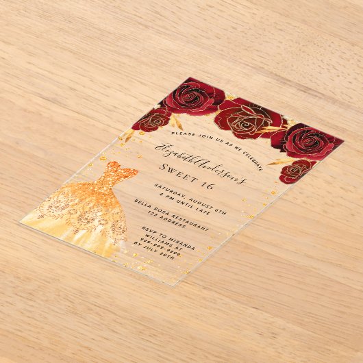 Sweet 16 rode rozen gouden jurk glitter clear acryl uitnodigingen (Laagn)