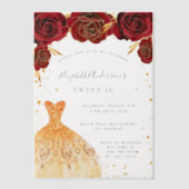 Sweet 16 rode rozen gouden jurk glitter vellum uitnodigingen (Voorkant)