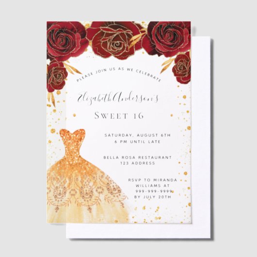 Sweet 16 rode rozen gouden jurk glitter vellum uitnodigingen (Offset)