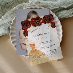 Sweet 16 rode rozen gouden jurk glitter vellum uitnodigingen