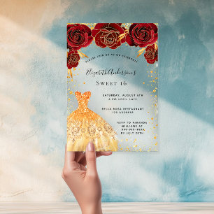 Sweet 16 rode rozen gouden jurk glitters helder acryl uitnodigingen