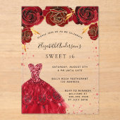 Sweet 16 rode rozen jurk glitter clear acryl uitnodigingen (Voorkant)