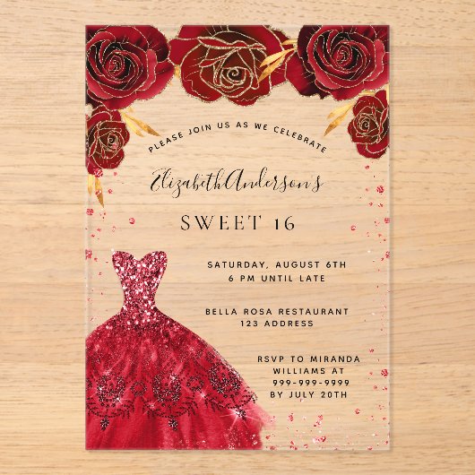 Sweet 16 rode rozen jurk glitter clear acryl uitnodigingen (Voorkant)