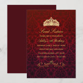 Sweet 16 | Rode Tiara & Damast Uitnodiging (Voorkant / Achterkant)