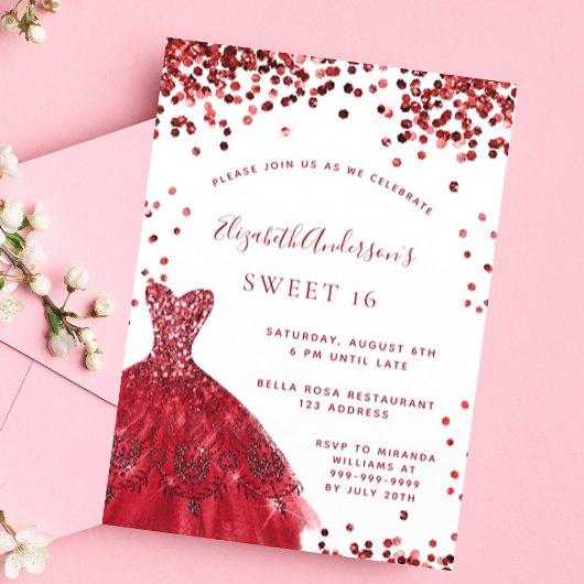 Sweet 16 rode witte jurk glamoureus uitnodiging briefkaart