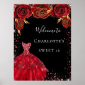 Sweet 16 rode zwarte kledingbloemen welkom poster (Voorkant)