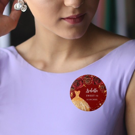 Sweet 16 rood goud glitter jurk naam ronde button 3,2 cm