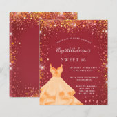 Sweet 16 rood goud glitter jurk uitnodiging (Voorkant / Achterkant)