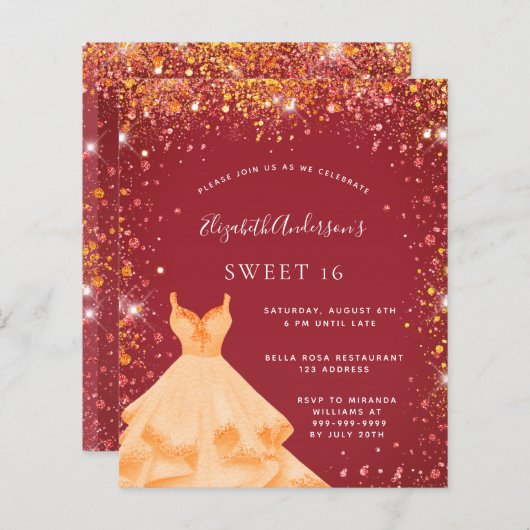 Sweet 16 rood goud glitter jurk uitnodiging (Voorkant / Achterkant)