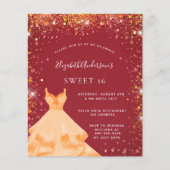Sweet 16 rood goud glitter jurk uitnodiging (Voorkant)