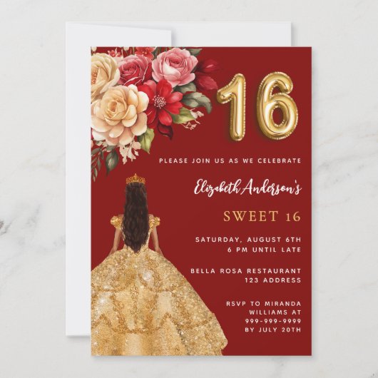 Sweet 16 rood gouden jurk bloemen rozen kaart (Voorkant)