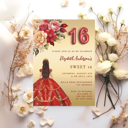 Sweet 16 rood gouden jurk bloemen rozen kaart