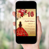 Sweet 16 rood gouden jurk bloemen rozen kaart