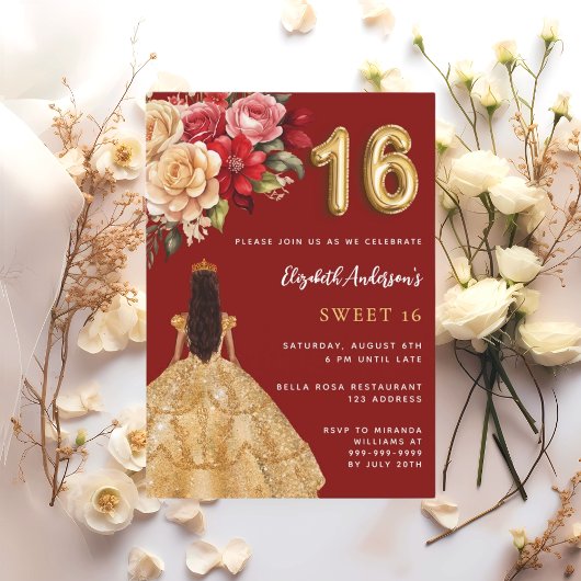 Sweet 16 rood gouden jurk bloemen rozen kaart