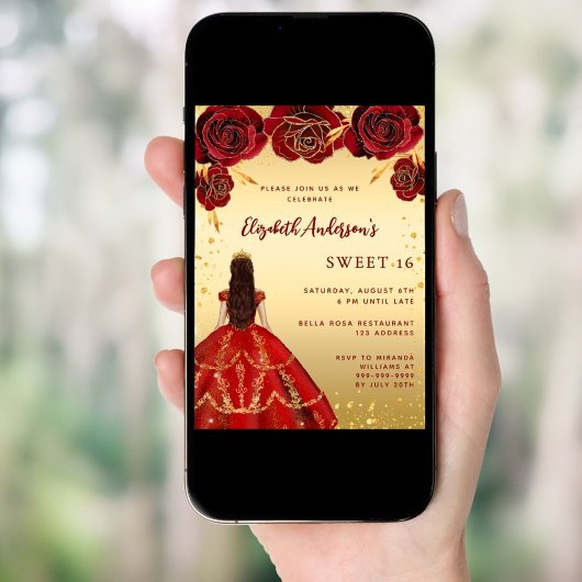 Sweet 16 rood gouden jurk bloemen rozen kaart