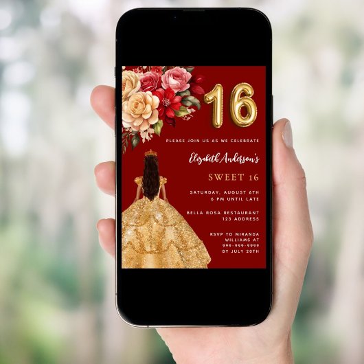 Sweet 16 rood gouden jurk bloemen rozen kaart