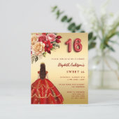Sweet 16 rood gouden jurk bloemen rozen uitnodigin (Staand voorkant)