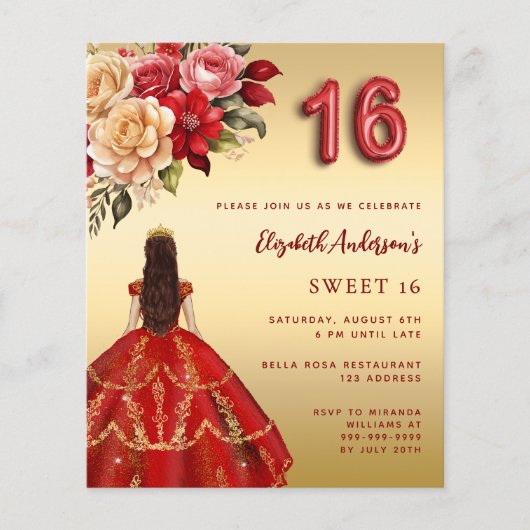 Sweet 16 rood gouden jurk bloemen rozen uitnodigin