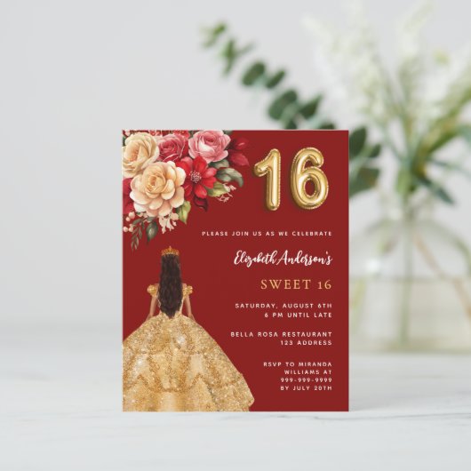 Sweet 16 rood gouden jurk bloemen rozen uitnodigin (Staand voorkant)