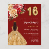 Sweet 16 rood gouden jurk bloemen rozen uitnodigin (Voorkant)