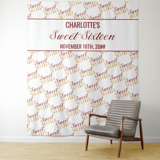 Sweet 16 Rood Gouden Verjaardagsfeest Achtergrond Wandkleed (In situ)