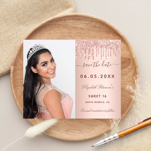 Sweet 16 roos blush foto Save the Date kaart