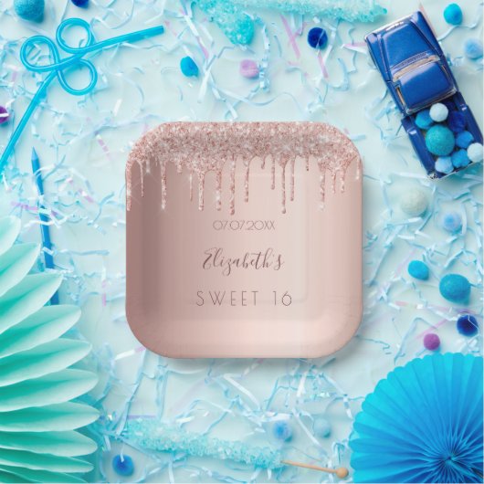 Sweet 16 roos gold blush pink drips naam papieren bordje (Feest)