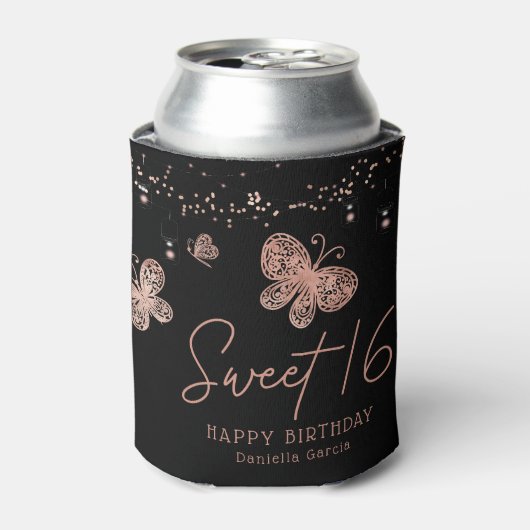 Sweet 16 Roos Gold Butterfly Chic Modern Birthday Blikjeskoeler (Blikje Voorkant)