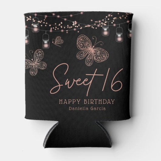 Sweet 16 Roos Gold Butterfly Chic Modern Birthday Blikjeskoeler (Voorkant)