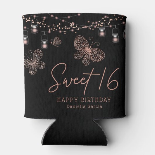 Sweet 16 Roos Gold Butterfly Chic Modern Birthday Blikjeskoeler (Achterkant)