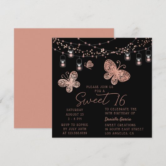 Sweet 16 Roos Gold Butterfly Chic Modern Birthday Kaart (Voorkant / Achterkant)