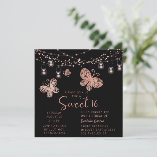 Sweet 16 Roos Gold Butterfly Chic Modern Birthday Kaart (Staand voorkant)
