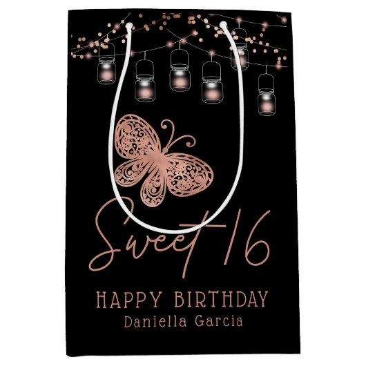 Sweet 16 Roos Gold Butterfly Chic Modern Birthday Medium Cadeauzakje (Voorkant)