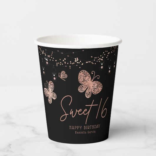Sweet 16 Roos Gold Butterfly Chic Modern Birthday Papieren Bekers (Achterkant)