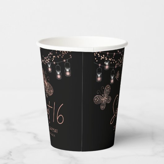 Sweet 16 Roos Gold Butterfly Chic Modern Birthday Papieren Bekers (Rechts)