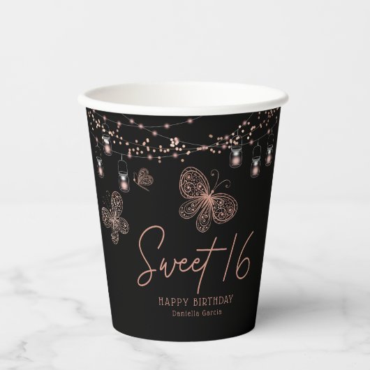 Sweet 16 Roos Gold Butterfly Chic Modern Birthday Papieren Bekers (Voorkant)